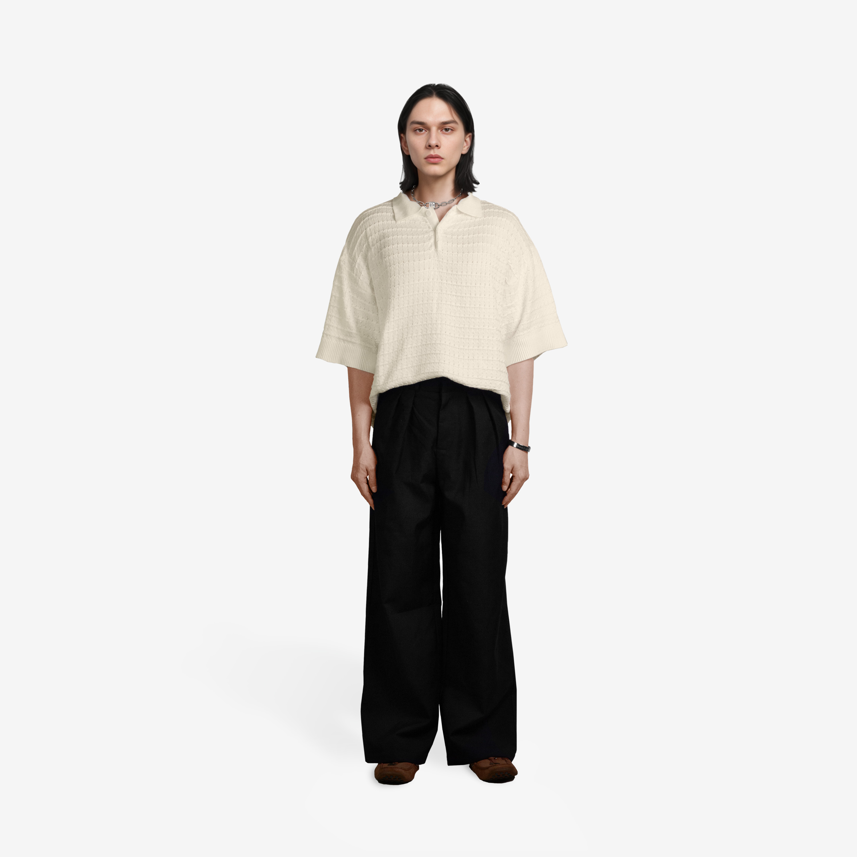 REPOSE Textured Knit Cream Polo Shirt