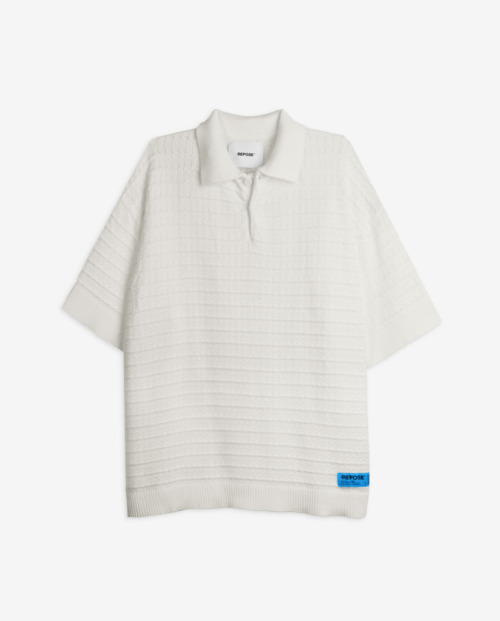 REPOSE Textured Knit Natural White Polo Shirt